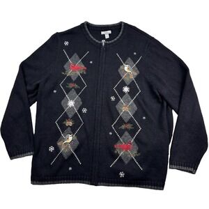Croft Barrow Sweater Women Sz 1X Christmas Cardinals Argyle Full Zip Cardigan